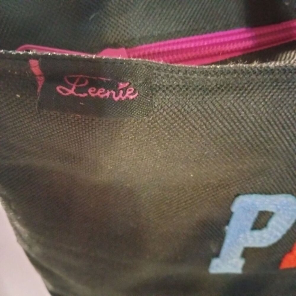 Leenie Peace Embroidered Black Lunch Bag  Pink Zipper Closure - Picture 5 of 11